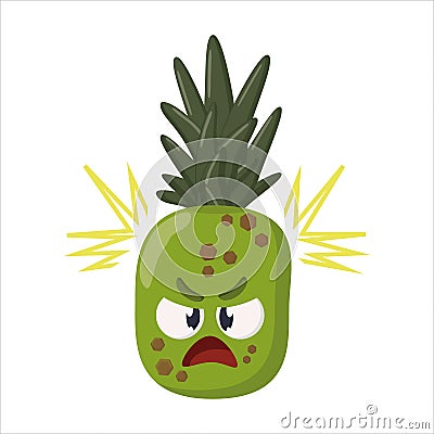 Angry Pineapple evil furious cartoon green character isolated on white background Vector Illustration