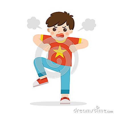 Angry expression. Angry child standing in a pose frowning, screaming, grinning and pumping fists. Vector Illustration