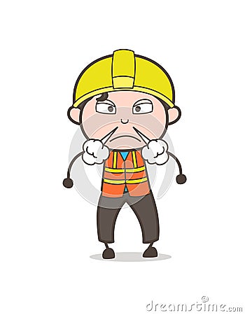 Angry Face with Steam from Nose - Cute Cartoon Male Engineer Illustration Stock Photo