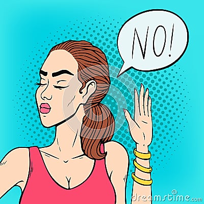 Angry face woman saying no and gesturing with hand stop, serious asian businesswoman pop art retro comic style vector illustration Cartoon Illustration