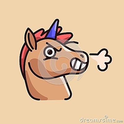 Angry fairy animal face. Mad unicorn with horn, horse with grin in hate, savage muzzle in rage, irritated snout with bad Vector Illustration