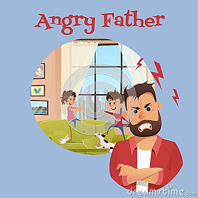 Angry Father Look After Playing Children Banner Vector Illustration