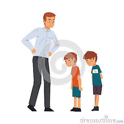 Angry Father Scolding His Naughty Sons, Relationships Between Kids and Parent Vector Illustration Vector Illustration