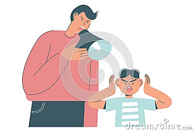 Angry father screaming through megaphone scolding his scared son, flat vector illustration. Father and son conflict. Vector Illustration