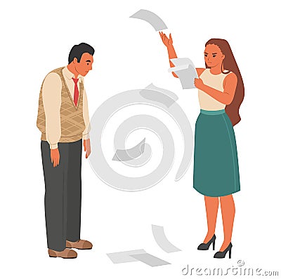 Angry female boss throwing paper scolding employee Vector Illustration