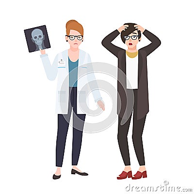 Angry female doctor or surgeon demonstrating X-ray to scared patient isolated on white background. Physician revealing Vector Illustration