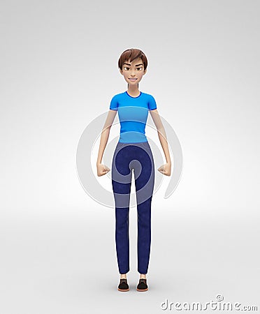 Angry, Frowning and Stressed Jenny - 3D Cartoon Female Character Model - Clenches Fists Aggressively Stock Photo