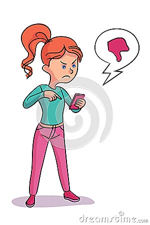Angry frustrated girl because of dislike on white Vector Illustration