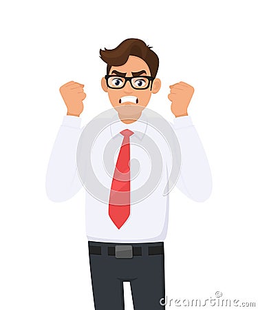 Angry, frustrated young businessman raised his hand fists shout/screaming. Evil, negative, bad facial expression. Human emotion. Vector Illustration