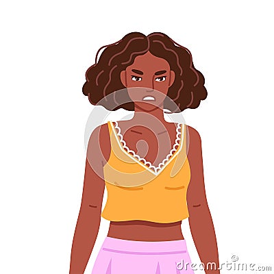 Angry fuming irritated woman clenching fists. Overworked furious girl with wild disheveled hair. Psychological breakdown Vector Illustration