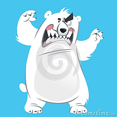 Angry and funny cartoon white polar bear making attacking gesture Vector Illustration