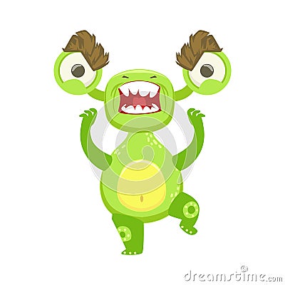 Angry Funny Monster Off, Green Alien Emoji Cartoon Character Sticker Vector Illustration