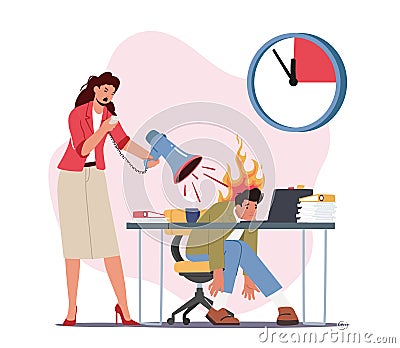 Angry Furious Boss Female Character Yelling at Male Employee Scolding for Incompetent Work. Businessman Deadline Vector Illustration