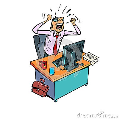 Angry furious male businessman works at an office workplace at a computer Vector Illustration