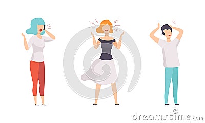 Angry Furious People Set, Indignant Aggressive Male and Female Characters Shouting, Threatening, Arguing and Gesturing Vector Illustration