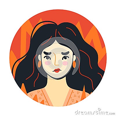 Angry furious woman in fire. Uncontrollable anger. Overworked person on the verge of psychological breakdown. Round Vector Illustration