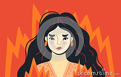 Angry furious woman surrounded by fire. Overworked person on the verge of psychological breakdown. Stressed irritated Vector Illustration