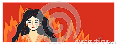 Angry furious woman surrounded by fire. Overworked person on the verge of psychological breakdown. Uncontrollable anger Vector Illustration