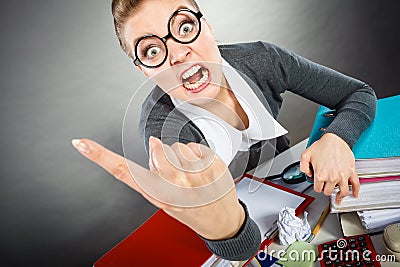 Angry furious young blonde businesswoman. Stock Photo
