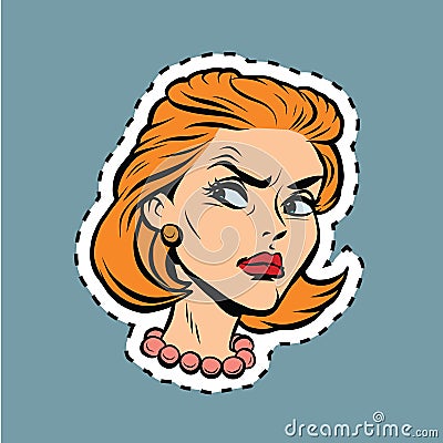 Angry girl face Emoji sticker label Vector Illustration