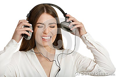 Angry girl and headphones Stock Photo