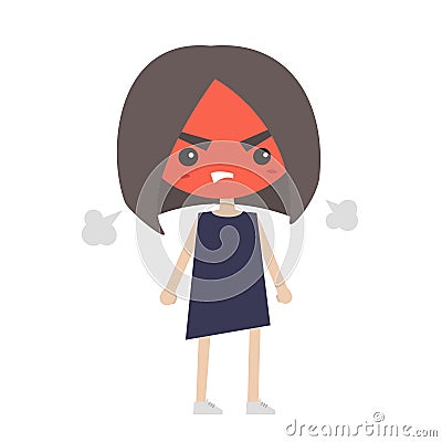 Angry girl with red face blows steam Cartoon Illustration