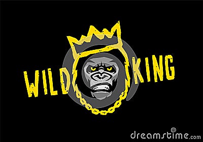 Angry gorilla with a crown. Wild king on a dark background. Vector illustration. Vector Illustration