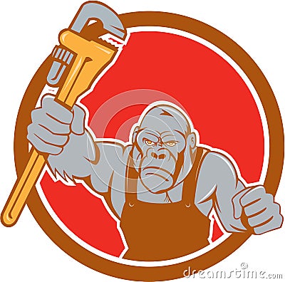 Angry Gorilla Plumber Monkey Wrench Circle Cartoon Vector Illustration