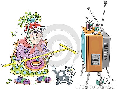 Angry granny annoyed at TV set Vector Illustration