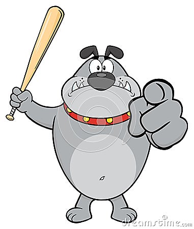 Angry Gray Bulldog Cartoon Mascot Character Holding A Bat And Pointing Vector Illustration