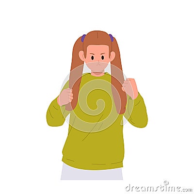 Angry grumpy preteen girl child cartoon character clenching fists feeling mad and aggressive Vector Illustration