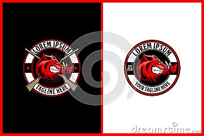 Angry hog cartoon head with rifle vector logo template for hunting club Vector Illustration