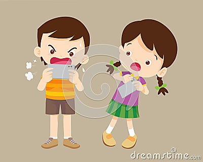 angry kid addicted mobile phone Vector Illustration