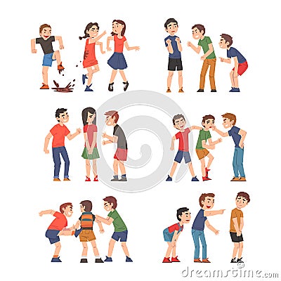 Angry Kids Bullying and Abusing the Weak Agemate Teasing and Laughing at Them Vector Set Vector Illustration