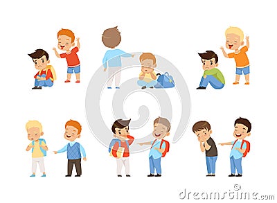 Angry Kids Bullying and Abusing the Weak Agemate Teasing and Laughing at Them Vector Set Vector Illustration