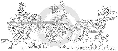 Angry king carrying firewood on his old wooden cart Vector Illustration