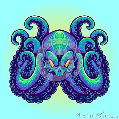 Angry Kraken mascot blue octopus Logo Mascot Illustrations Vector Illustration