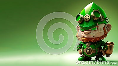 Angry Leprechaun Character Standing On Shiny Green Background And Copy Space. St Patricks Day Concept Stock Photo