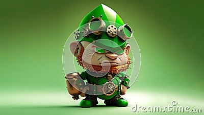 Angry Leprechaun Character Standing On Shiny Green Background And Copy Space. St Patricks Day Concept Stock Photo
