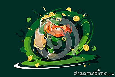 Angry leprechaun with gold Vector Illustration