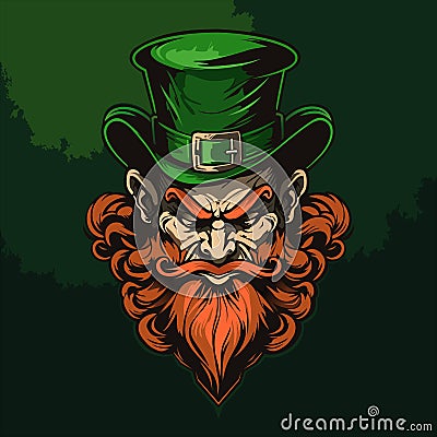 Angry leprechaun with thick red beard, vintage logo. St. Patricks Day design Vector Illustration