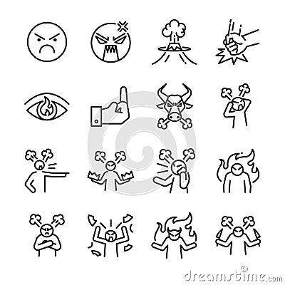 Angry line icon set. Included the icons as mad, moody, crazy, devil, blame, upset and more. Vector Illustration