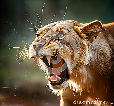 Angry Lioness looking for prey, Portrait of Lioness, close up - AI generated Stock Photo