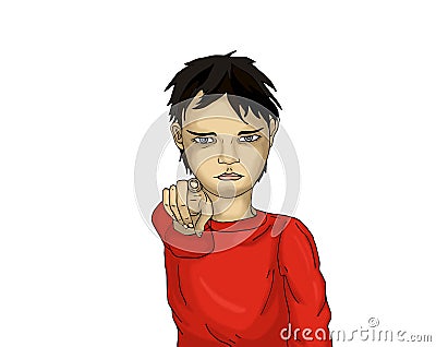 Angry little boy points a finger at you. Child points his finger Stock Photo