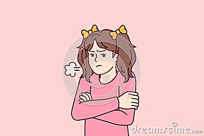 Angry little girl stands with arms crossed feeling hurt after being punished by kindergarten staff Vector Illustration