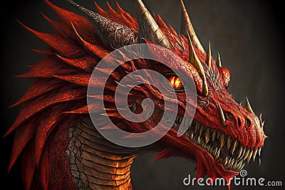 Angry look and menacing mouth of red dragons with yellow eyes Stock Photo