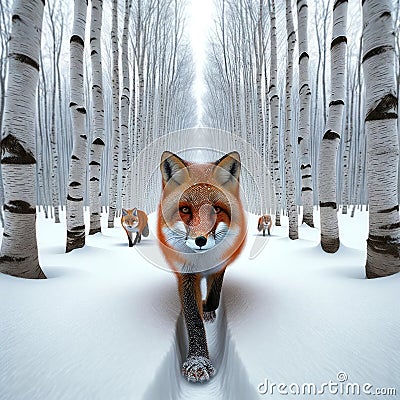 Angry Looking Red Foxes Wintertime Wilderness Wildlife Snowy Pathway Forest Canada AI Generated Stock Photo
