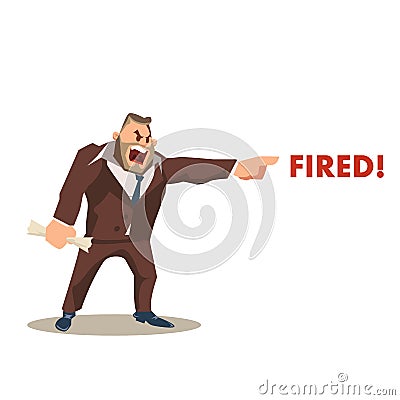 Angry Mad Boss Character in Suit Shout Fired Word Vector Illustration