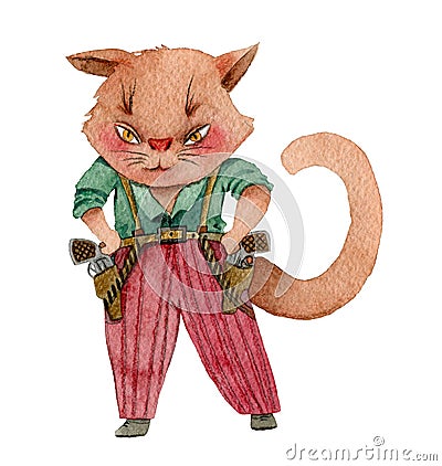 Angry mafia gangster cat with guns. Cartoon criminal character. Isolated object on white background. Cartoon Illustration