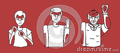 Angry male set. Young, adult and old man with an irritated mood, anger, choleric emotion, threaten with fists. Red and white Vector Illustration